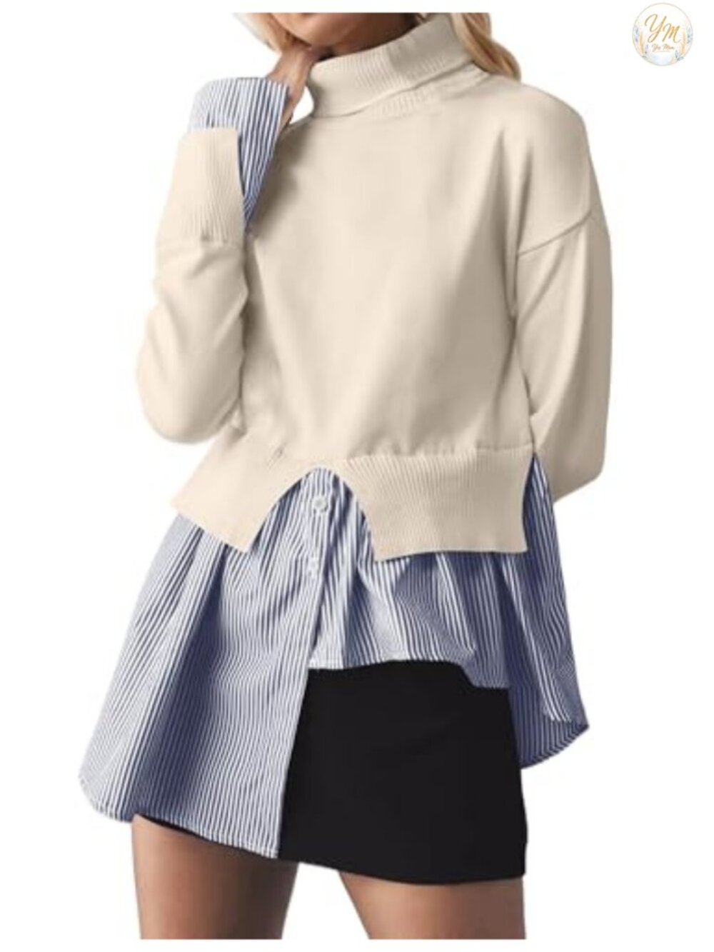 Slit Turtleneck Patchwork Sweater 2 in 1 Buttons Down Pullover Knit